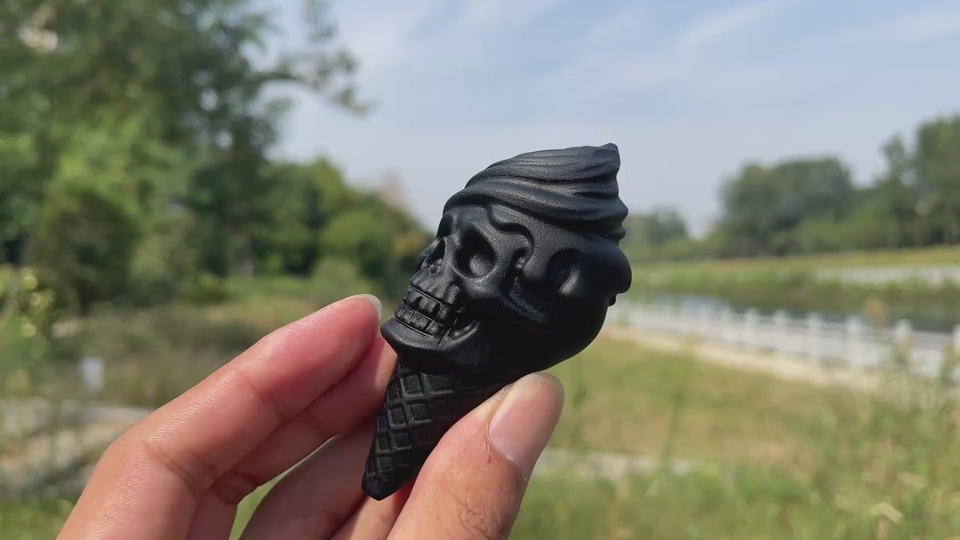 Natural Crystal Carving Black Obsidian Skull Ice Cream