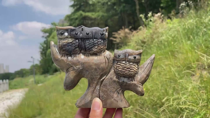 Unique,A Slightly Imperfect Natural Volcanic Agate Owl Family Carving