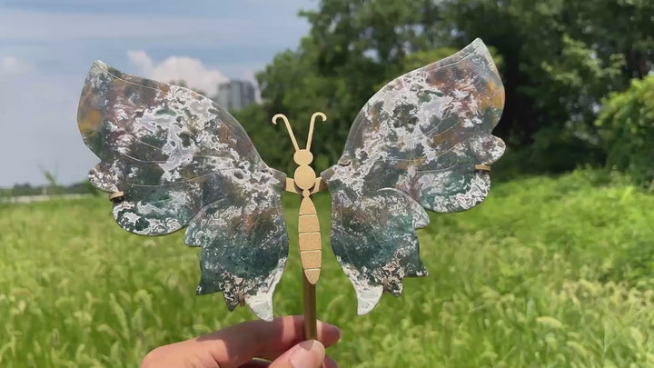 Unique,A Slightly Imperfect Natural Crystal Moss Agate Butterfly Wings With Stand