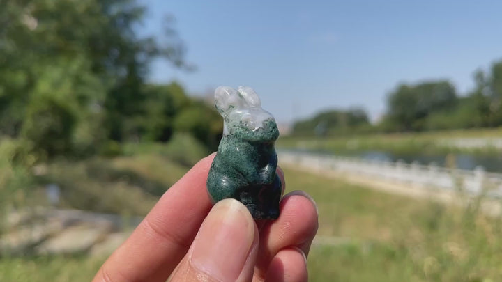 Natural Crystal Carving Moss Agate Cute Rabbit