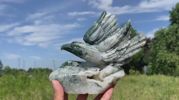 Unique,Natural Crystal Carving Soaring Posture Moss Agate Eagle
