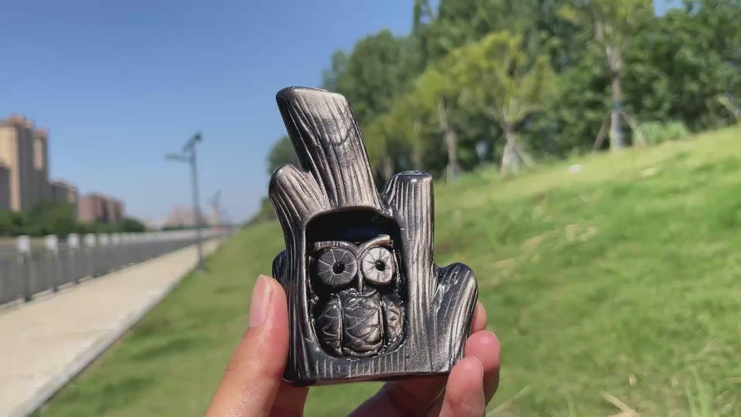 Unique,Natural Silver Obsidian Owl In Tree Stump Carving