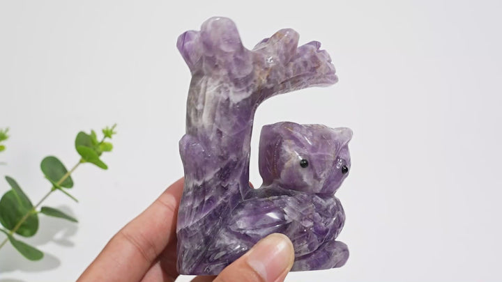Unique,A Slightly Imperfect Natural Crystal Dream Amethyst Owl On Tree Branch Carving