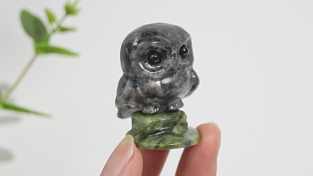 Natural Crystal Carving Owl On Serpentine Stand