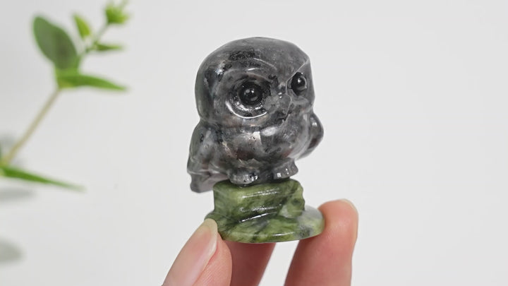 Natural Crystal Carving Owl On Serpentine Stand