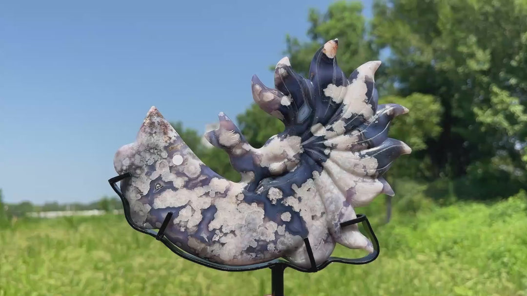 Unique,A Slightly Imperfect Blue Flower Agate Nine‑Tailed Fox With Stand