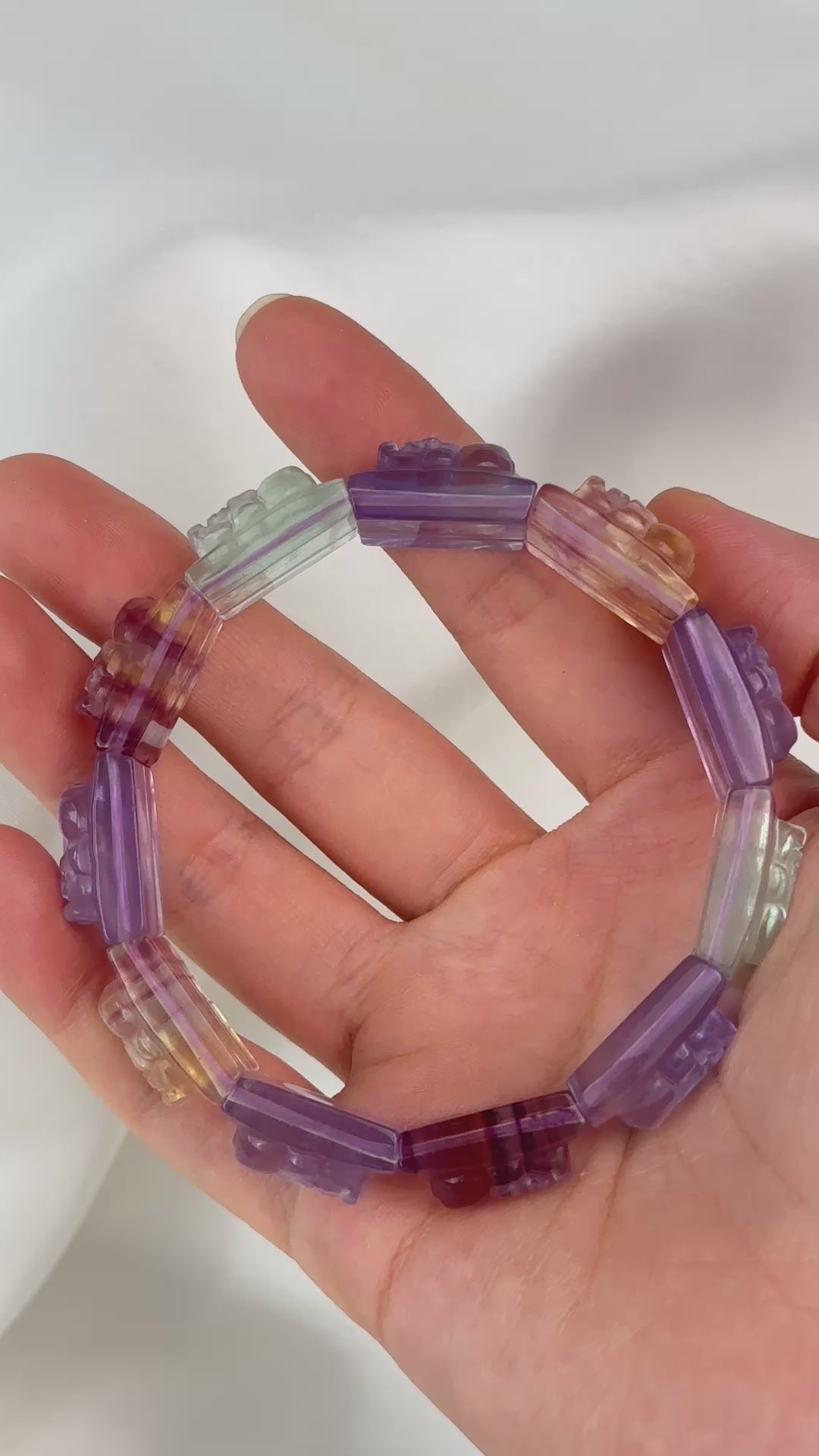 Fluorite Carved Pixiu Square Bead Bracelet 12.4-12.9mm