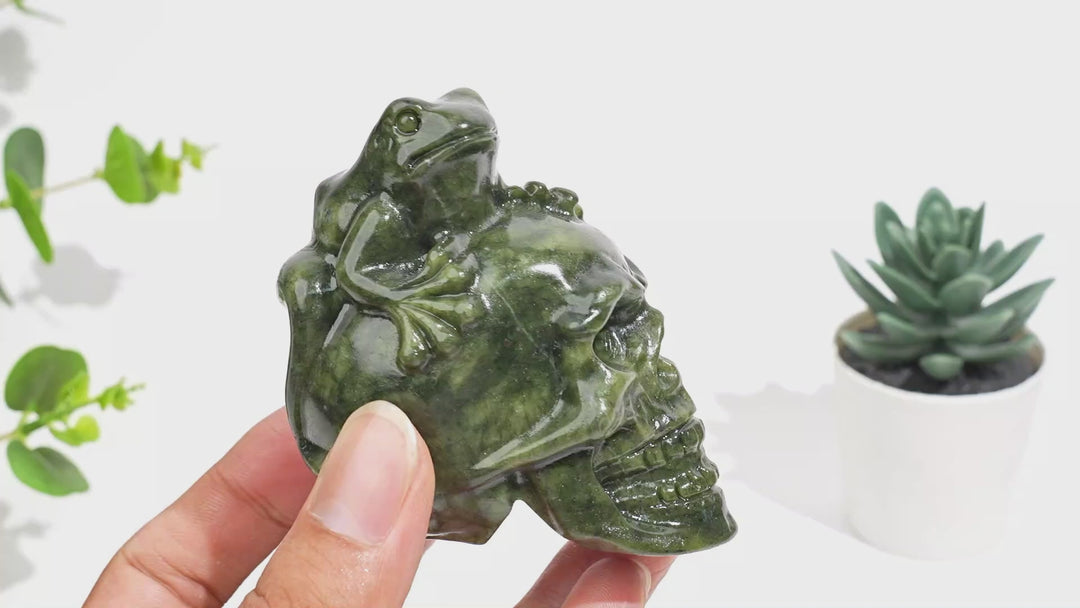 Natural Crystal Serpentine Frog With Skull Carving