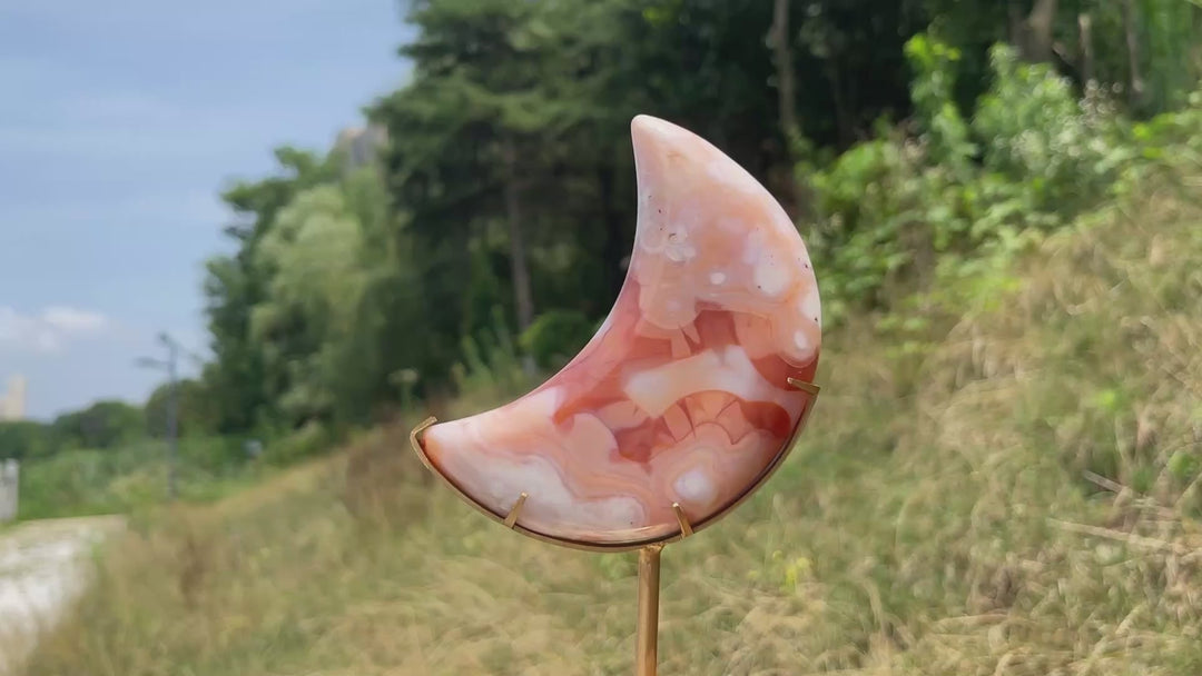 Unique,Natural Crystal Pink Flower Agate Moon With Stand