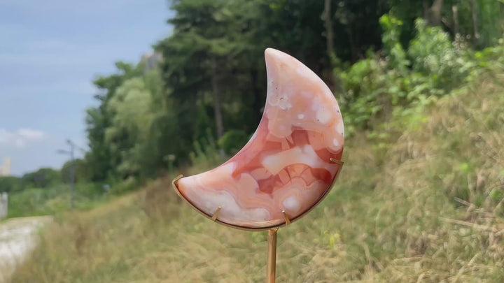 Unique,Natural Crystal Pink Flower Agate Moon With Stand