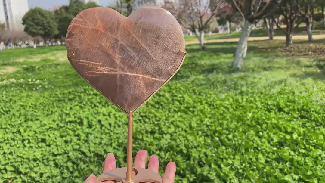 Unique,Natural Peach Moonstone Crystal Heart On Stand