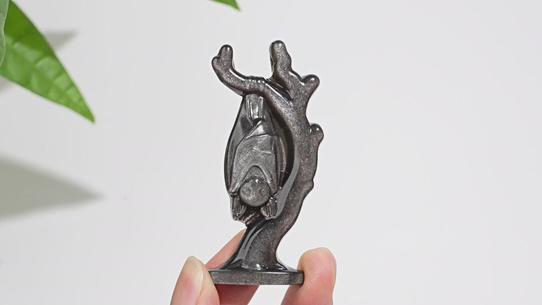 Natural Crystal Silver Obsidian Upside-Down Bat On Branch Carving