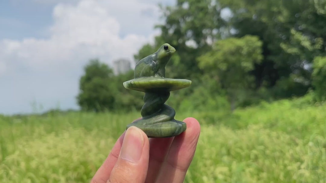 Natural Crystal Serpentine Frog Sitting On Platform