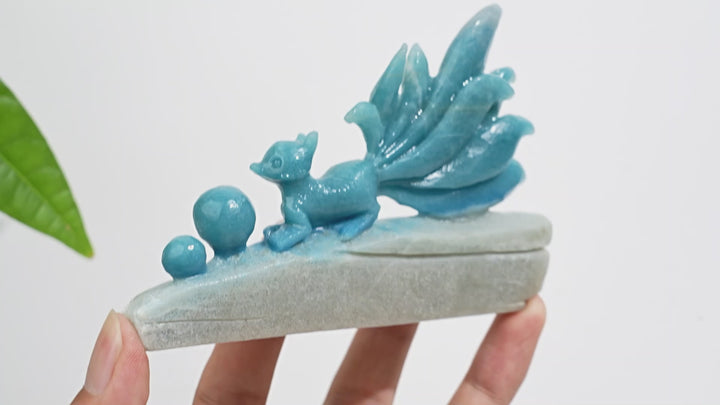 Unique,Natural Crystal Carving Cute Trolleite Nine‑Tailed Fox