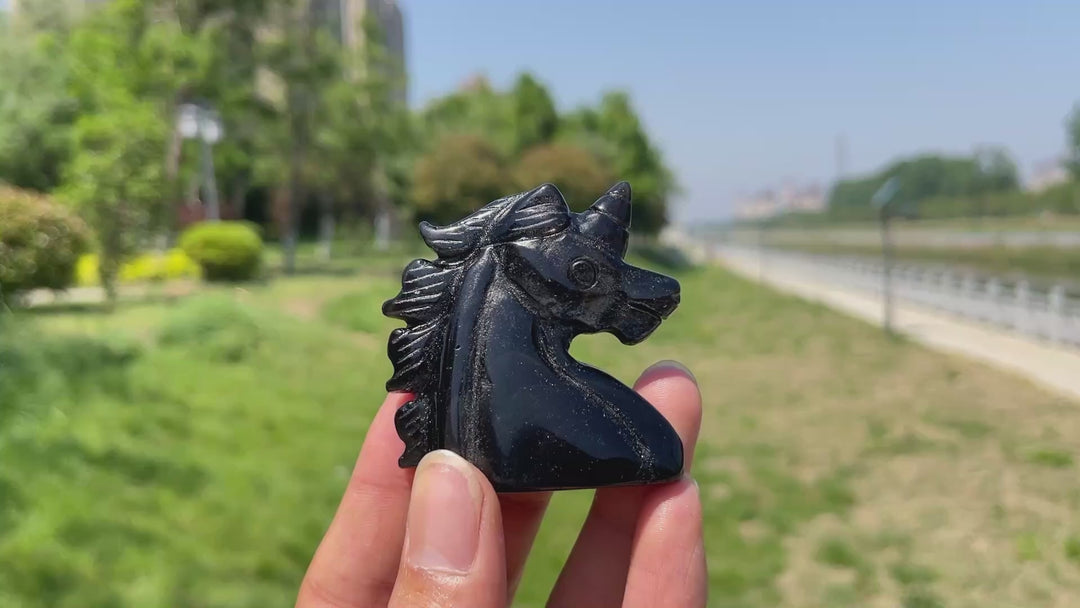 Natural Crystal Silver Obsidian Unicorn Carving