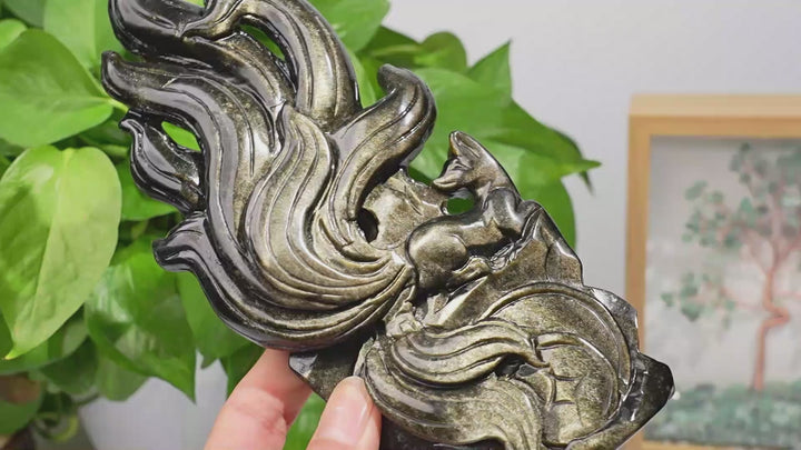 Natural Crystal Carving Golden Obsidian Nine-Tailed Fox