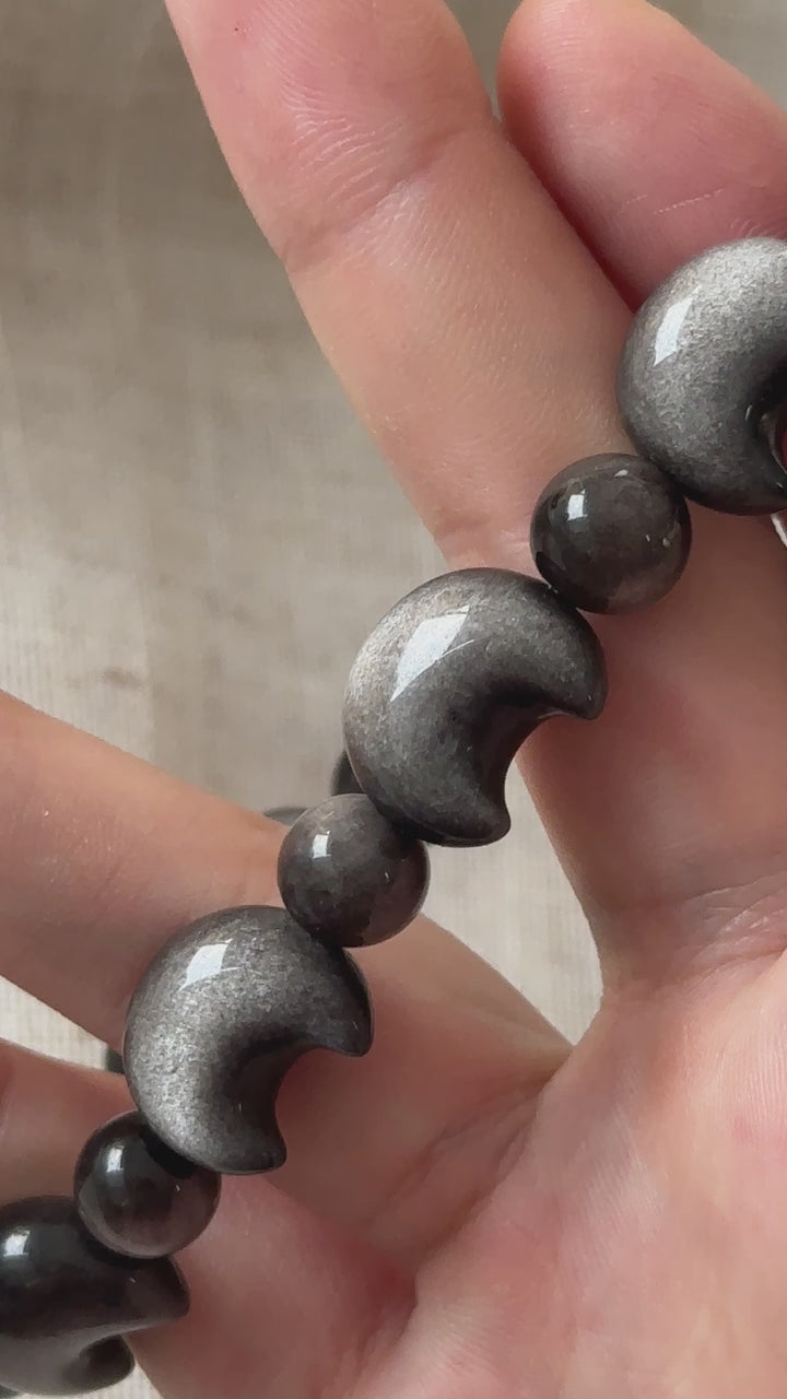 Silver Obsidian Moon Bead Bracelet 15.0-15.3mm