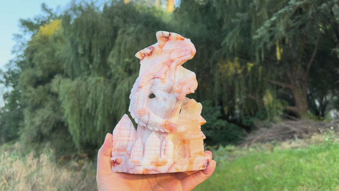 Unique Flower Agate Castle Dragon Carving