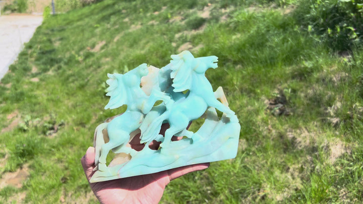 Unique,Natural Blue Quartzite Double Horse Carving