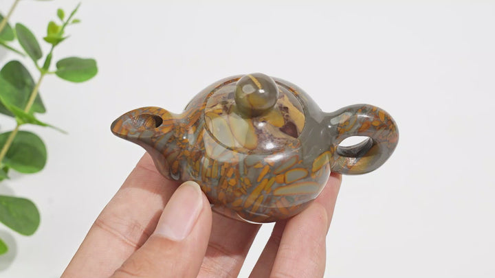 Unique,Natural Crystal Carving Bamboo Leaf Stone Teapot Model