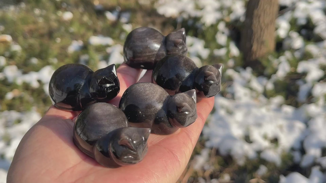Natural Silver Obsidian Bread Cat Carving