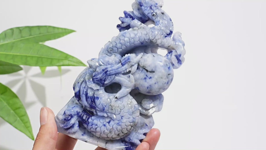 Unique,A Slightly Imperfect Natural Blue And White Porcelain Sodalite Chinese Dragon Carving
