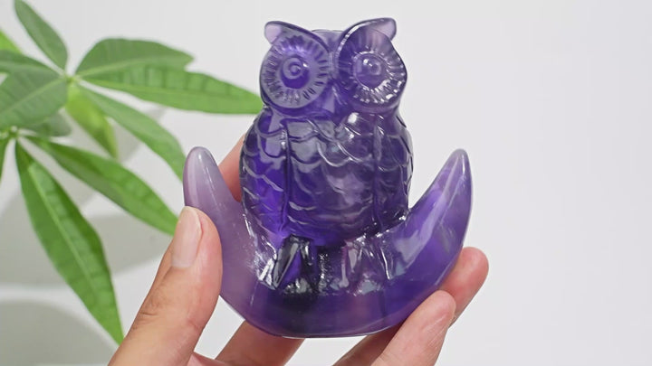 Unique,A Slightly Imperfect Natural Crystal Purple Fluorite Owl Carving