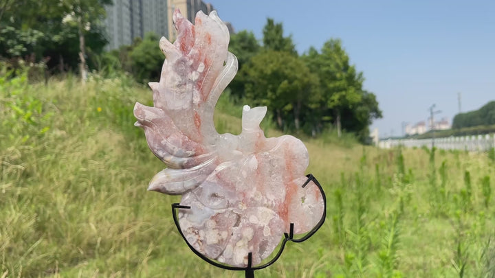 Unique,A Slightly Imperfect Natural Pink Amethyst Nine-Tailed Fox Carving With Stand