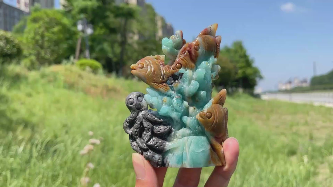 Unique,Natural Blue Quartzite Crystal Underwater World Carving