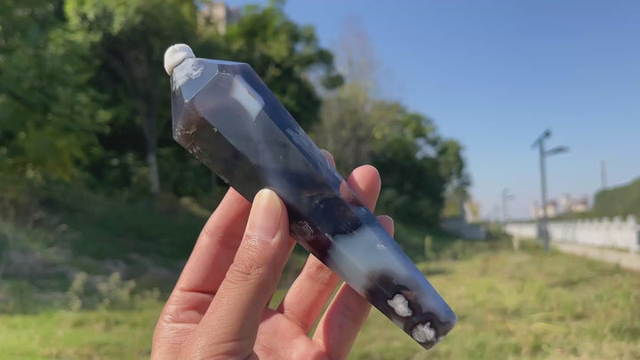 Unique,Natural Crystal Black Flower Agate Wand