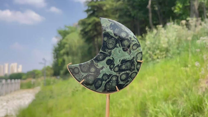 Unique,Natural Kambaba Jasper Crescent Moon Carving On Stand