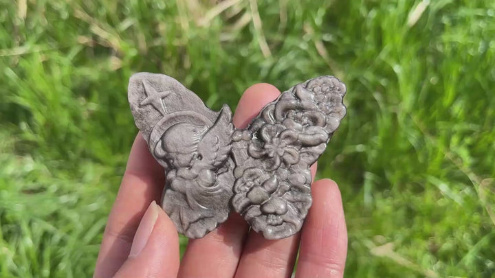 Natural Crystal Silver Obsidian Butterfly Angel Carving