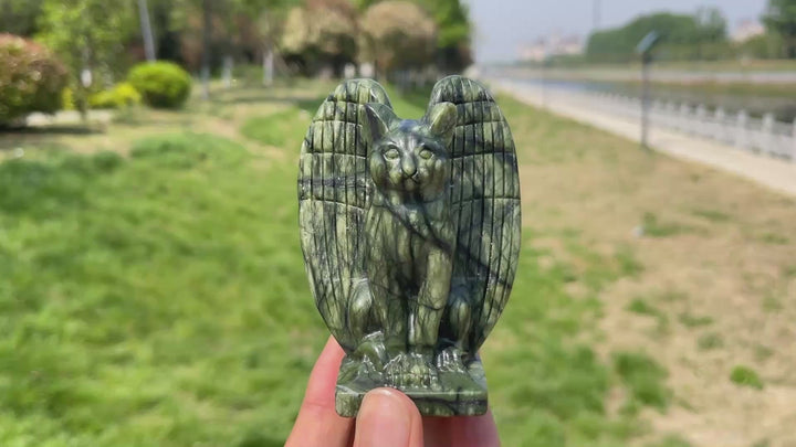 Natural Serpentine Crystal Winged Cat Carving