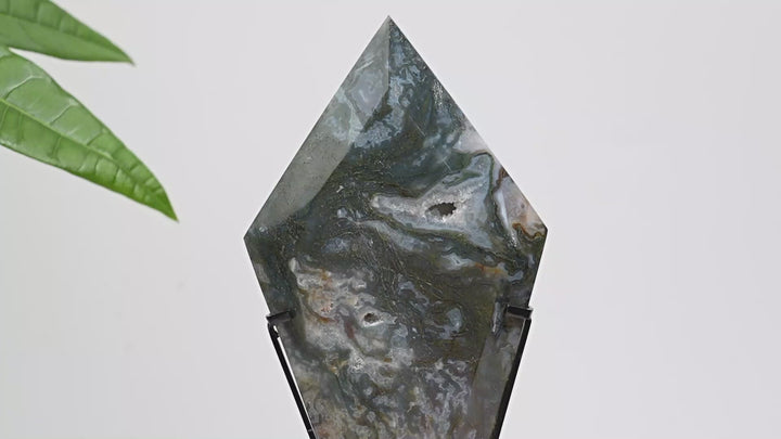 Unique,Natural Crystal Moss Agate Diamond Slice With Stand