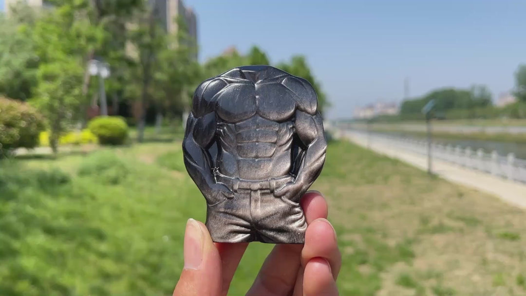 Natural Crystal Silver Obsidian Muscular Torso Carving