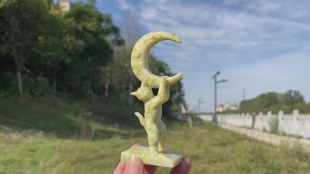 Natural Crystal Carving Serpentine Moon Cat
