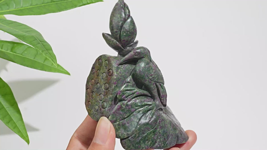 Unique,Natural Crystal Ruby In Kyanite Lotus With Egret Carving