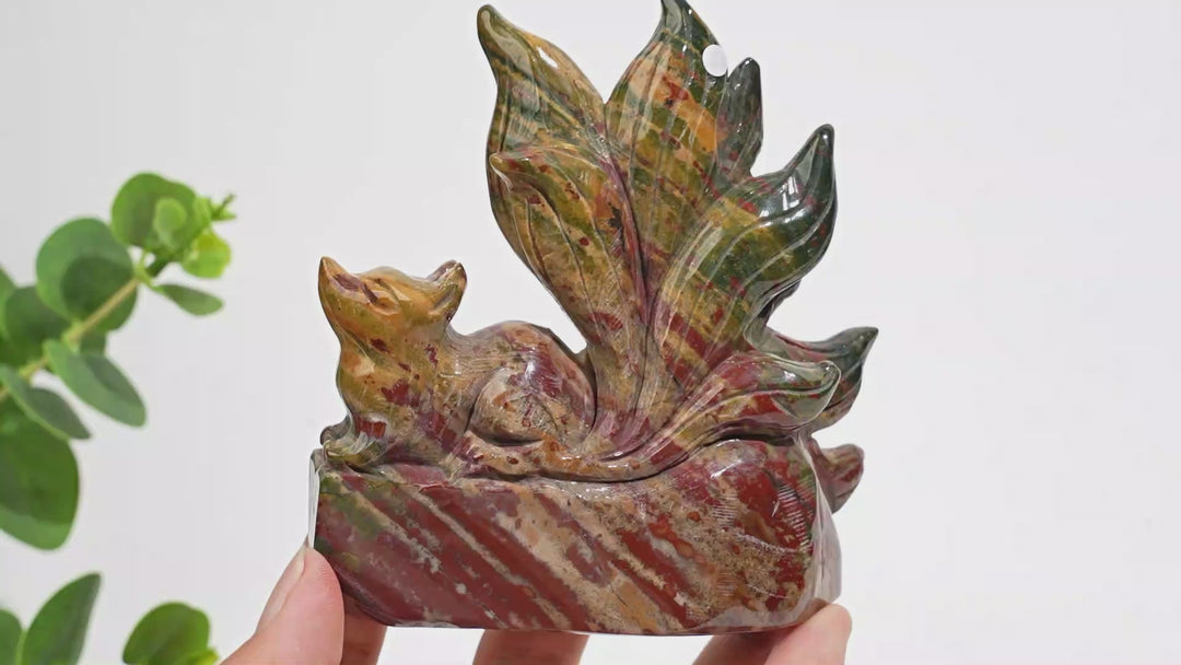 Unique,A Slightly Imperfect Natural Crystal Ocean Jasper Stretching Nine‑Tailed Fox