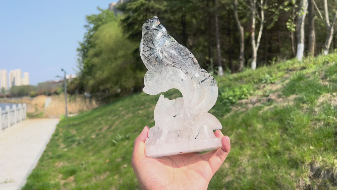 Unique,A Slightly Imperfect Natural Quartz Tourmaline Nine-Tailed Fox Carving