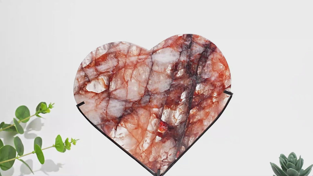 Unique,Natural Crystal Fire Quartz Heart With Stand