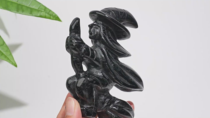 Unique,A Slightly Imperfect Natural Black Obsidian Witch On Broom Carving