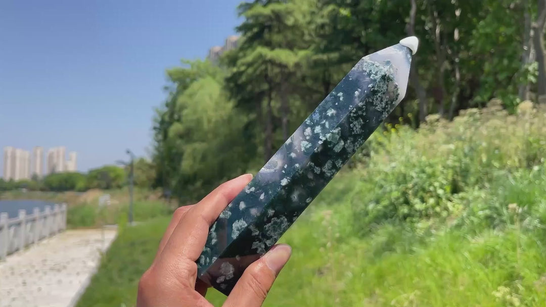 Unique,Natural Crystal Moss Agate Calcite Point