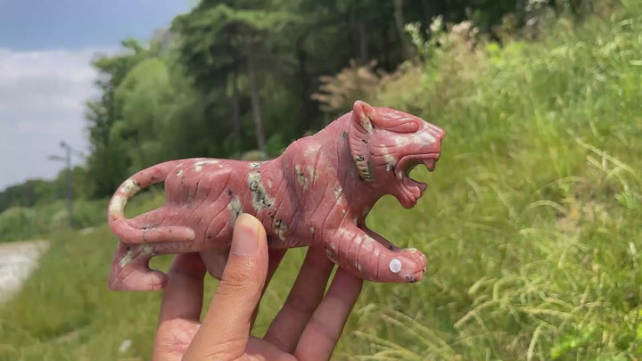 Unique,A Slightly Imperfect Natural Red Calcite With Serpentine And Phlogopite Tiger Carving