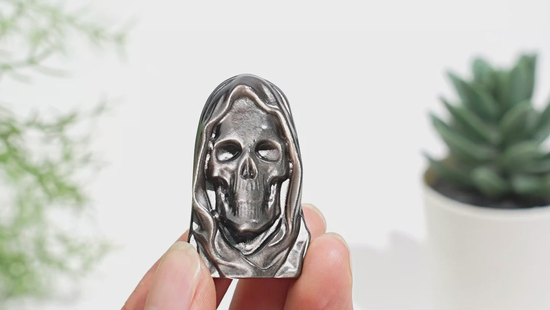 Natural Mystical Silver Obsidian Grim Reaper Carving