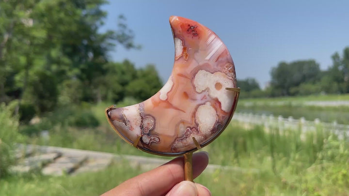 Unique,A Slightly Imperfect Natural Crystal Pink Flower Agate Moon