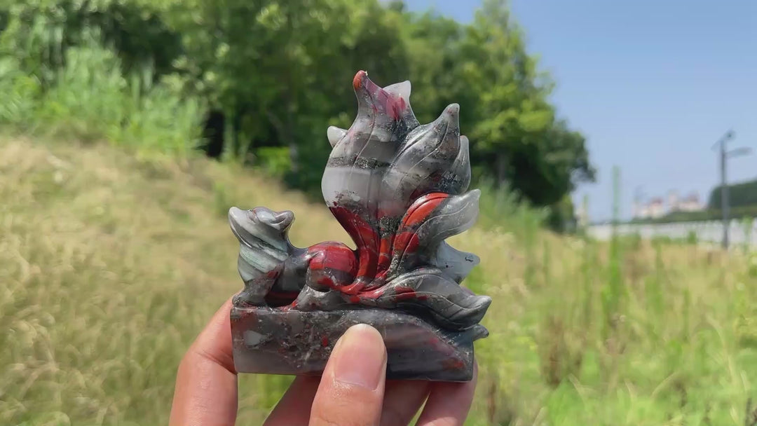 Unique,Natural Crystal African Bloodstone Nine-Tailed Fox Carving