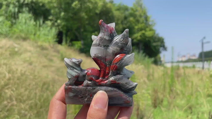 Unique,Natural Crystal African Bloodstone Nine-Tailed Fox Carving