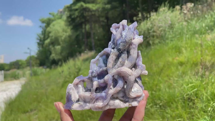 Unique,Natural Enchanted Blue Flower Agate Nine-Tailed Fox Carving
