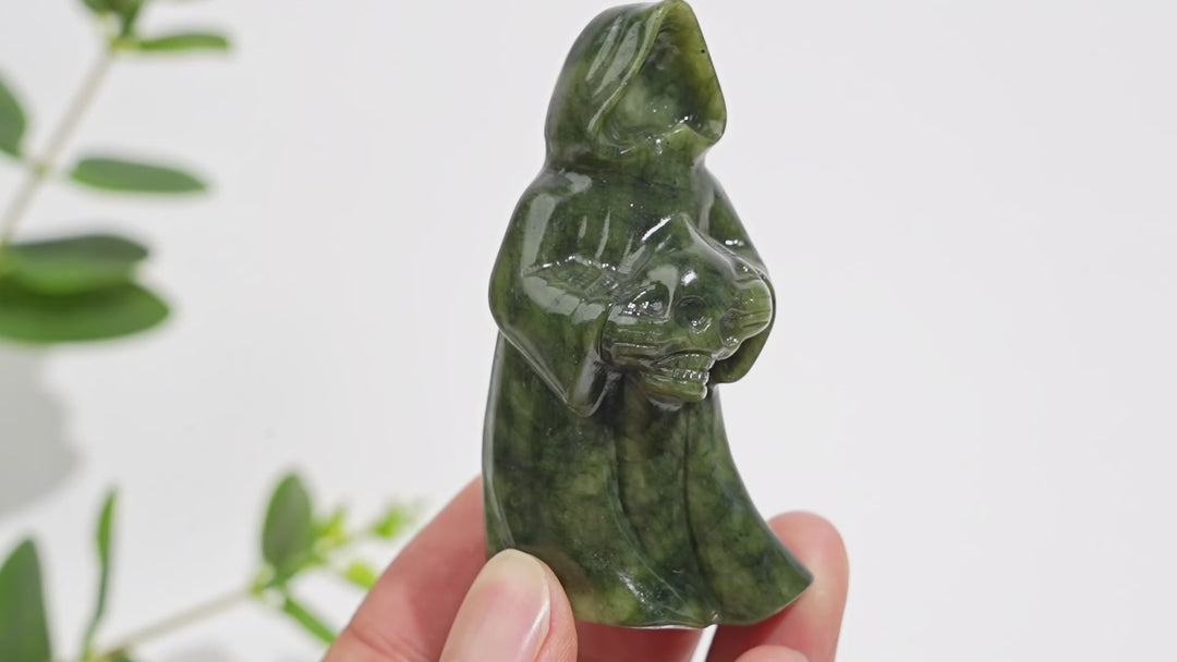 Natural Crystal Serpentine Ghost Reaper Holding Skull Carving