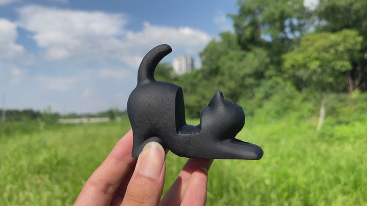Natural Crystal Black Obsidian Cat Phone Holder